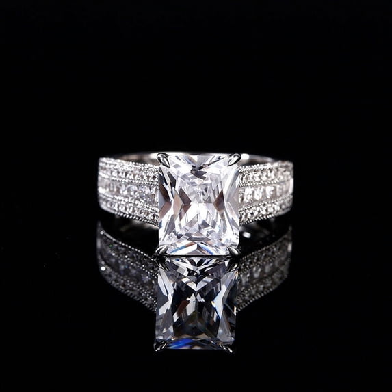 Oryn Jewelry Radiant Cut 2.2 Ct Moissanite Band - 14K White Gold Plated Band - Elongated Modern Band for Women - Multi Row Wedding Ring - Occasion Band