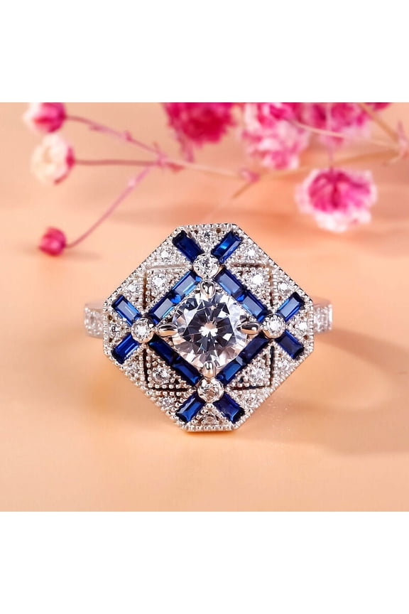 ry Round Cut 1.4 Ct White Moissanite Ring - Engagement Wedding Birthstone Jewelry for Her - Vintage Multi-Stone Proposal Ring for Gift