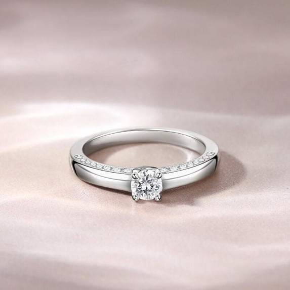 Oryn Jewelry Solitaire with Accent Moissanite Bands - Brilliant 1 Ct Round Cut - 14K White Gold Plated Ring for Women - Engagement Solo Stone Wedding Jewelry for Her