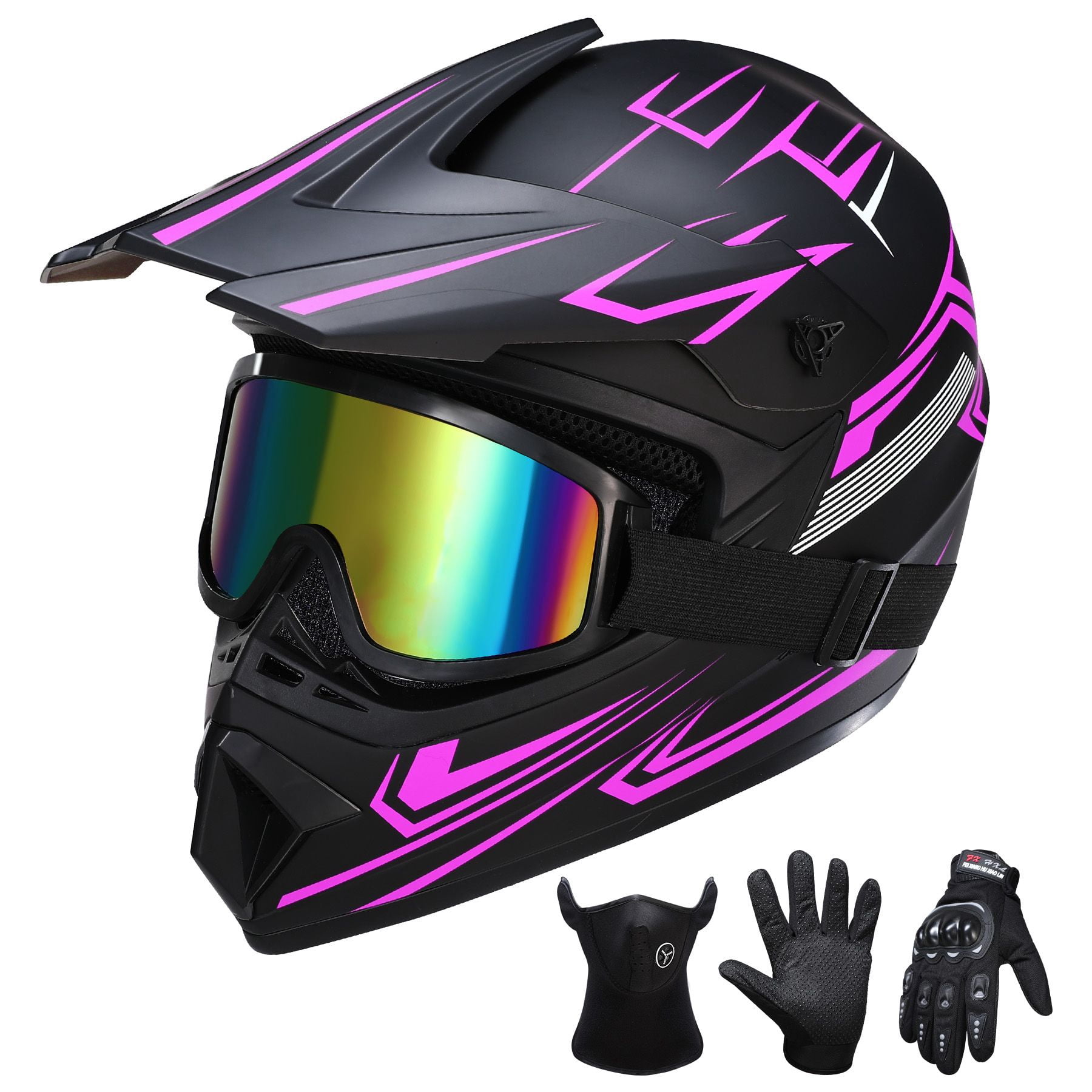 Oryxearth Motocross Dirt Bike Helmet, Off-Road Motorcycle & ATV Helmet with Goggles Gloves, Purple, L