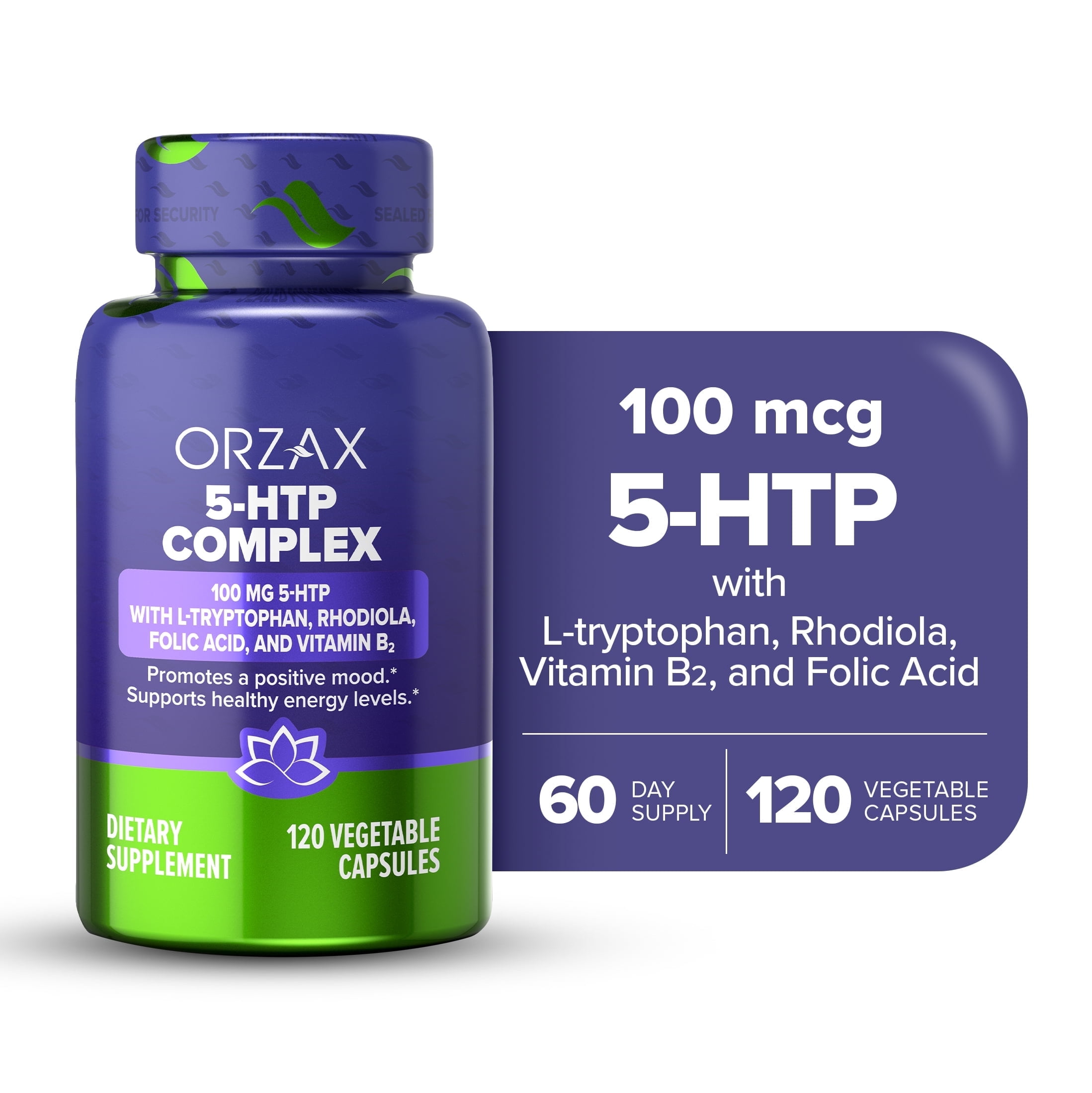 Orzax 5-Htp With L-Tryptophan & Rhodiola Vegan Supplements, 120 Capsules