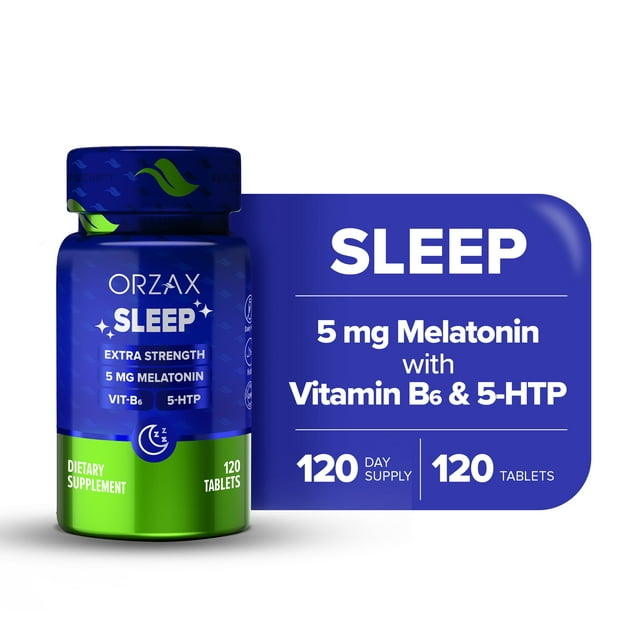 Orzax Sleep Well Melatonin 5 mg, Vitamin B6 & 5-HTP Supplement, Vegan, 120 Tablets