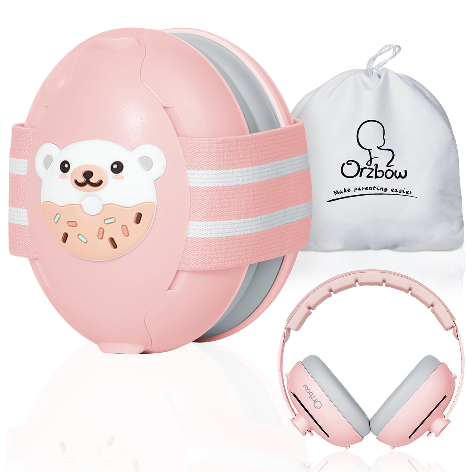 Orzbow Baby Noise Cancelling Headphones with Cute Bear Design for Babies Infant up to 48 Months, Ear Muffs Noise Protection with Non-Slip Band for Airplane Travel Sleep, Pink Bear