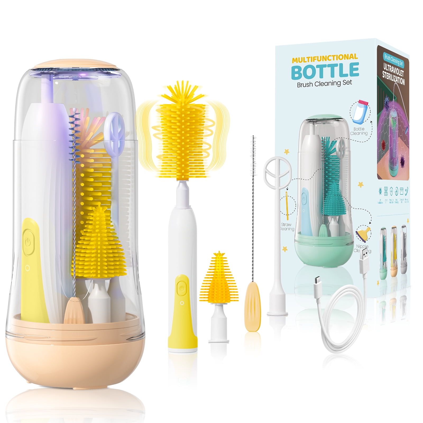 Orzbow Electric Travel Baby Bottle Brush Set with Storage Box, Automatic Bottle Cleaner Brush Kit with Silicone Bottle/Nipple/Straw Brush, Milk Frother Electric and Drainage Rack, Yellow
