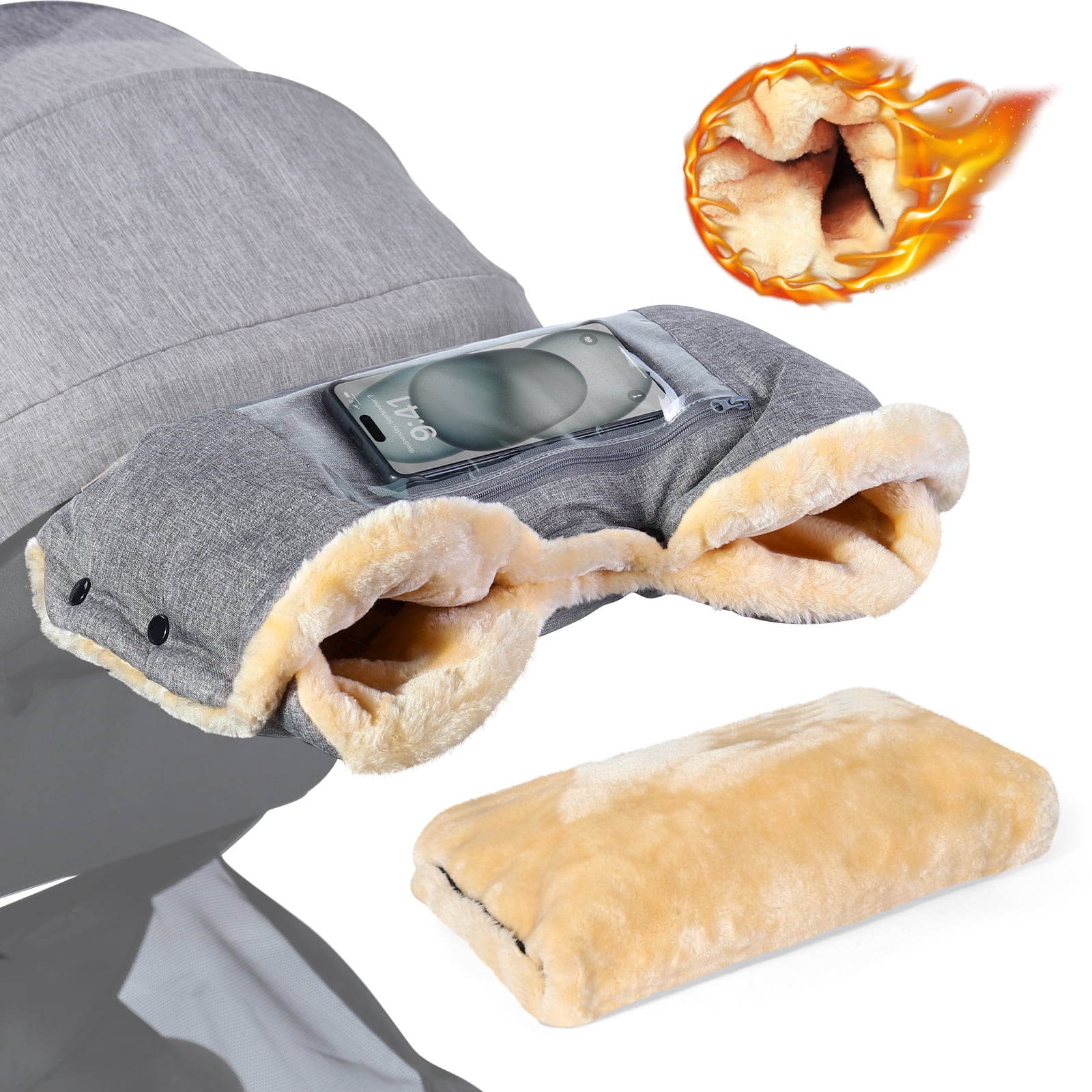 Orzbow Faux Sheepskin Stroller Gloves with Phone Pockets, Winter Extra Thick Mittens for Baby Stroller, Cozy & Warm, Anti-freeze Hand Muff Easily Attaches to Stroller for Parents Caregivers, Grey