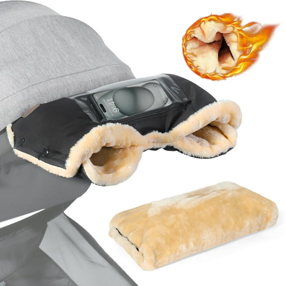 Orzbow Faux Sheepskin Stroller Gloves with Phone Pockets, Winter Extra Thick Mittens for Baby Stroller, Cozy & Warm, Anti-freeze Hand Muff Easily Attaches to Stroller for Parents Caregivers, Black