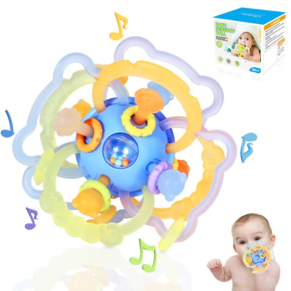 Orzbow Sensory Teething Toys for Babies, Baby Montessori Toys 3-6-12-19 Months, Infant Teethers Relief Chew Toys, Silicone Baby Rattle Toys - Early Development Toy for Toddlers, BPA Free, Blue