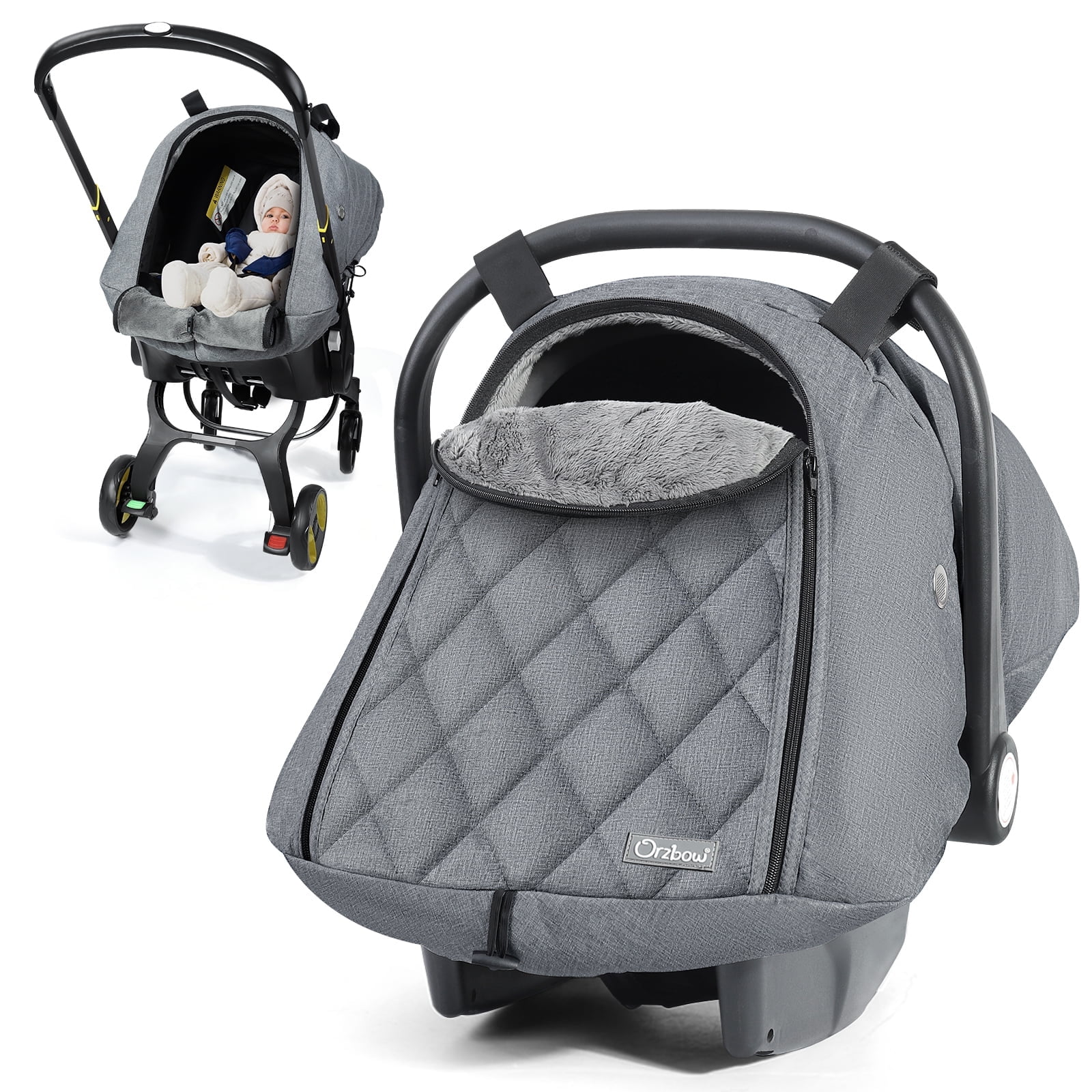 Orzbow Winter Baby Car Seat Cover with Front Zipper Door, Cold Weather Carseat Cover Canopy, Side Breathable, Rain, Snow and Wind Proof Car Seat Carrier Canopy Cover, Machine Washable, Light Grey