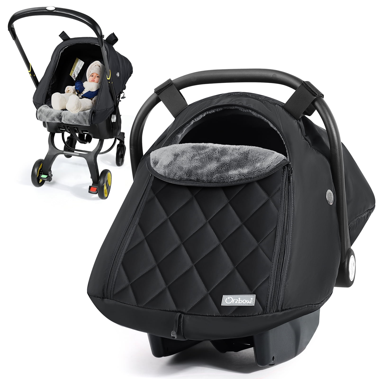 Orzbow Winter Baby Car Seat Cover with Front Zipper Door, Cold Weather Carseat Cover Canopy, Side Breathable, Rain, Snow and Wind Proof Car Seat Carrier Canopy Cover, Machine Washable, Black