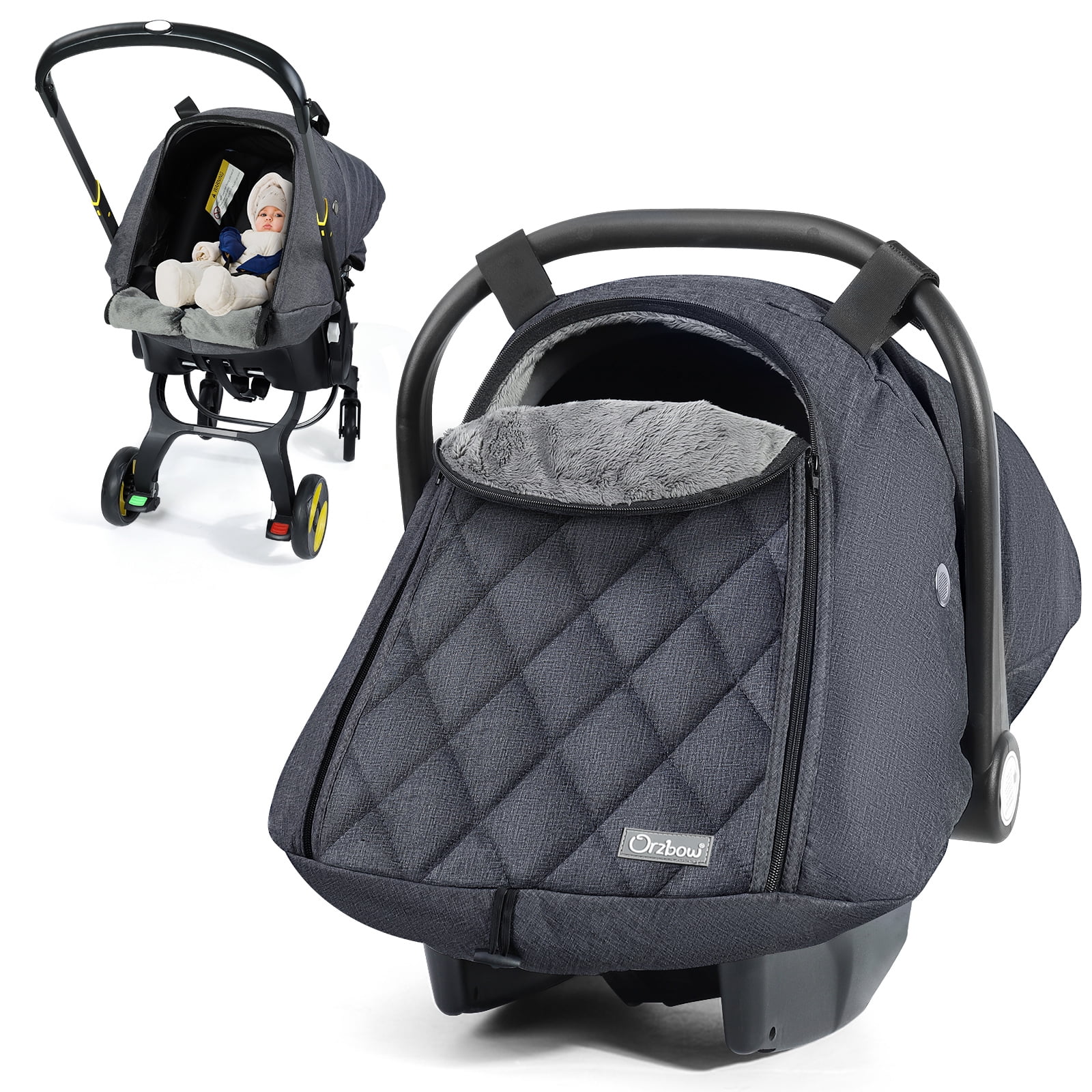 Orzbow Winter Baby Car Seat Cover with Front Zipper Door, Cold Weather Carseat Cover Canopy, Side Breathable, Rain, Snow and Wind Proof Car Seat Carrier Canopy Cover, Machine Washable, Dark Grey