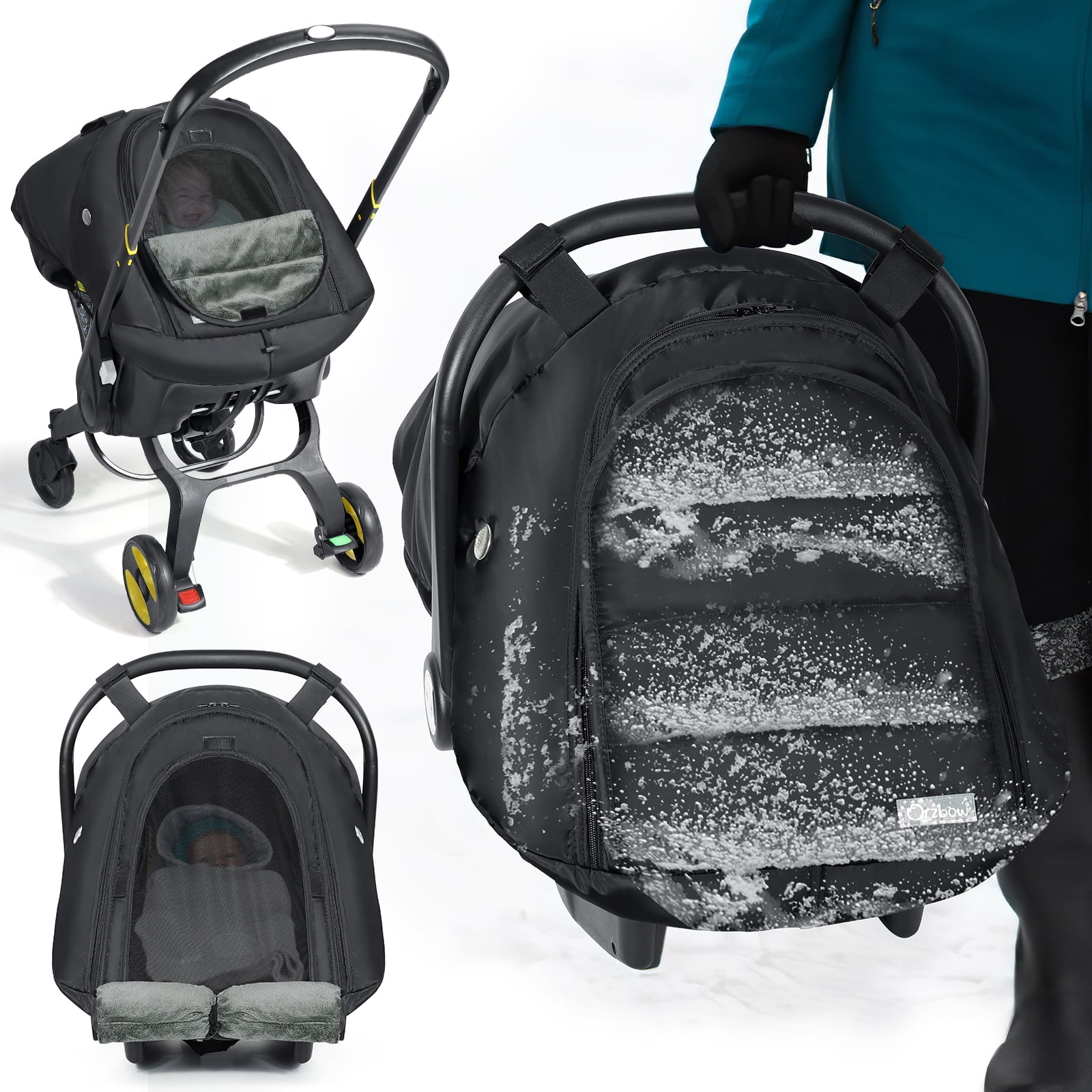 Orzbow Winter Car Seat Cover for Babies, Waterproof Carseat Canopy Cover with Peep Window of Breathable Mesh, Warm and Cozy Baby Car Seat & Carrier Covers for Cold Weather, Machine Washable, Black