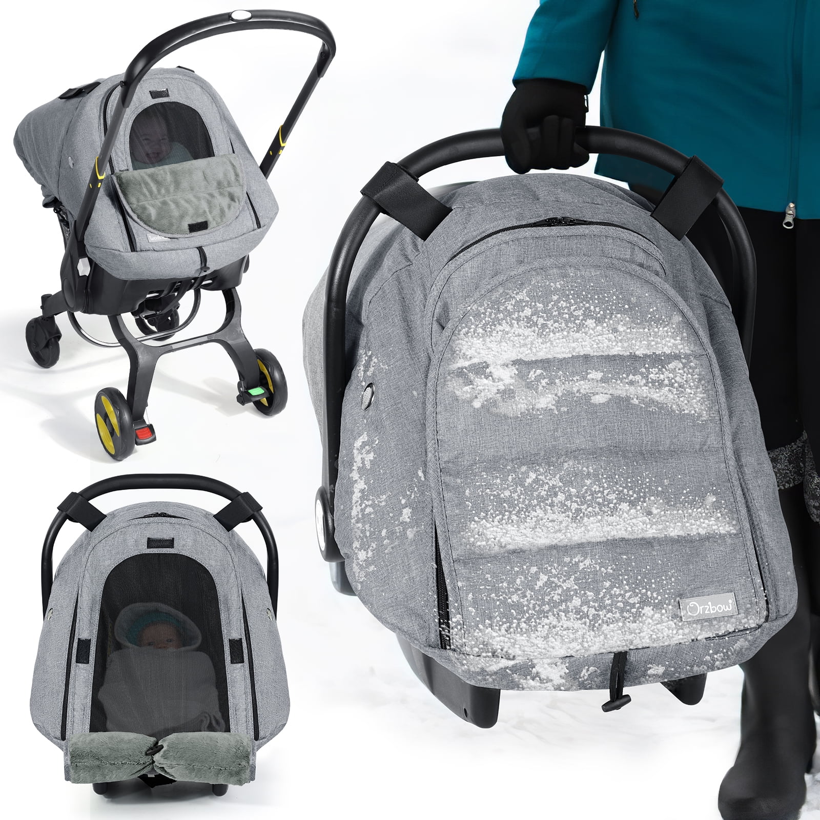 Orzbow Winter Car Seat Cover for Babies, Waterproof Carseat Canopy Cover with Peep Window, Machine Washable, Light Grey