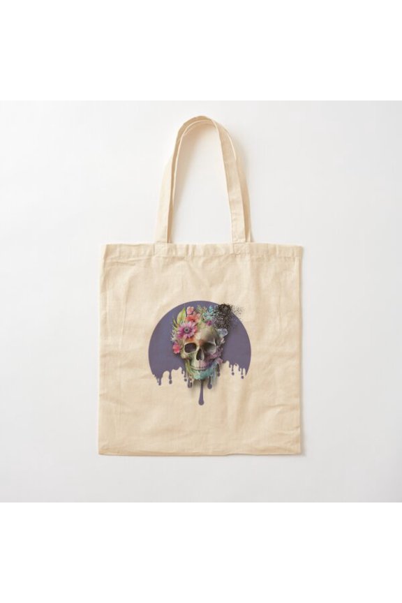 Os Et Botanique Skulls Flowers Dripping Blue Canvas Tote Bags, Reusable Shopping Bag