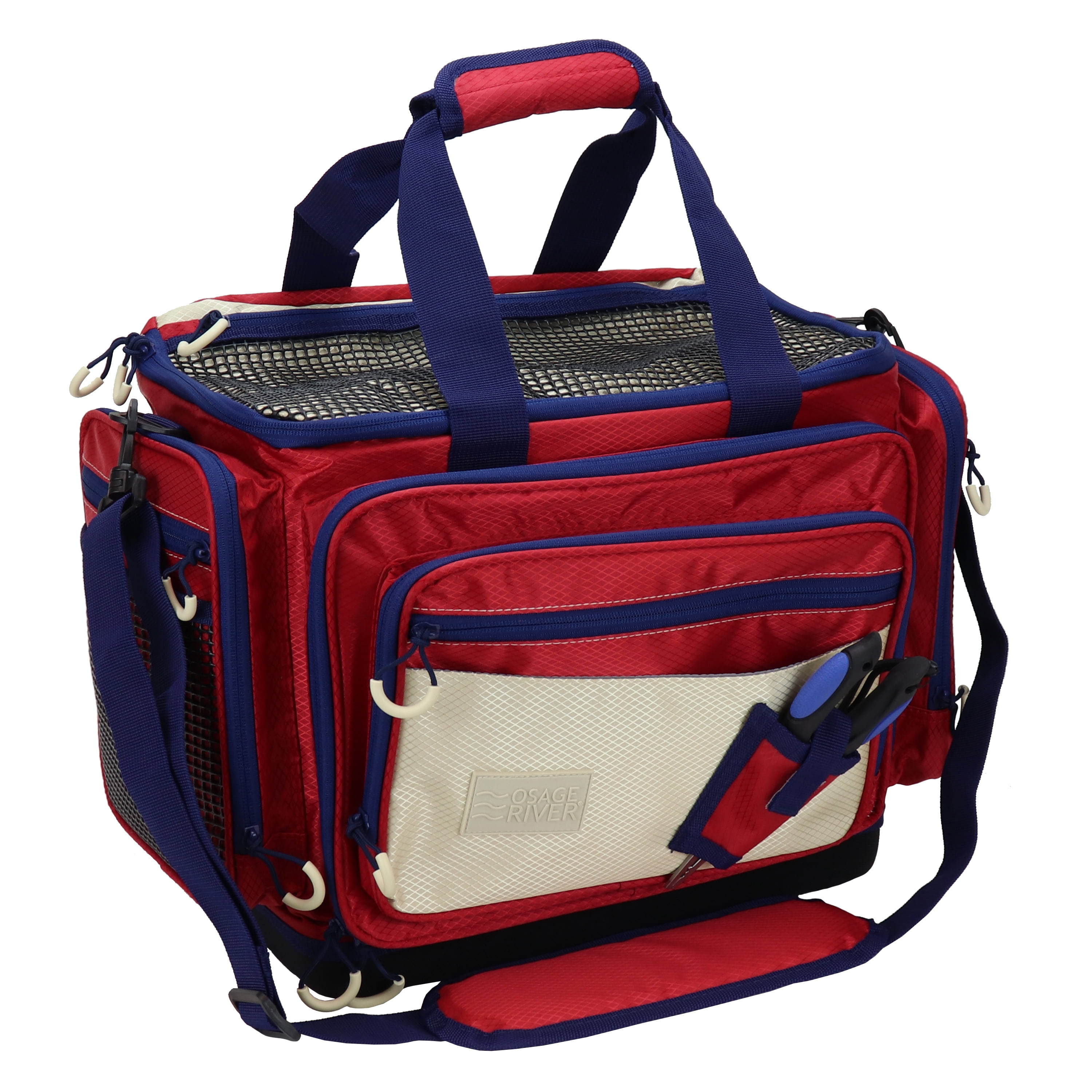 Osage River Gear Medium Fishing Tackle Bag, Saltwater Fishing Gear Bag, Tackle Box Organizer with Waterproof Non-Slip Bottom, Padded Shoulder Strap, and Fishing Pliers, Fishing Gifts for Men, Red