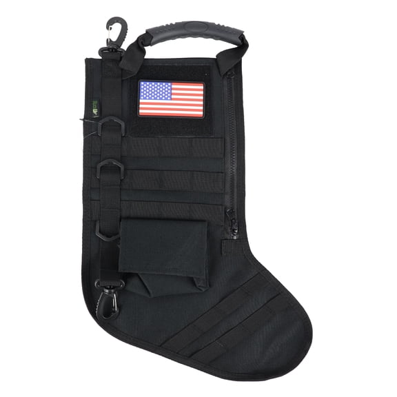 Osage River Gear Tactical Christmas Stocking with Handle, USA Patch, MOLLE Webbing, Zip Pocket, Christmas Stocking Gift for Firefighter Army Police Veteran, Black