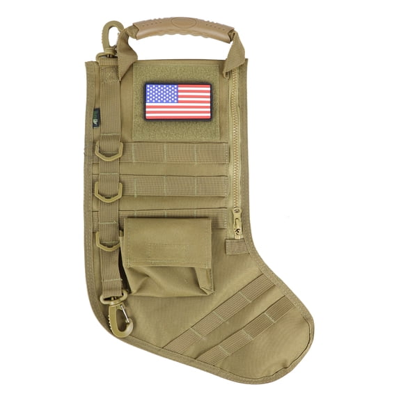 Osage River Gear Tactical Christmas Stocking with Handle, USA Patch, MOLLE Webbing, Zip Pocket, Christmas Stocking Gift for Firefighter Army Police Veteran, Khaki