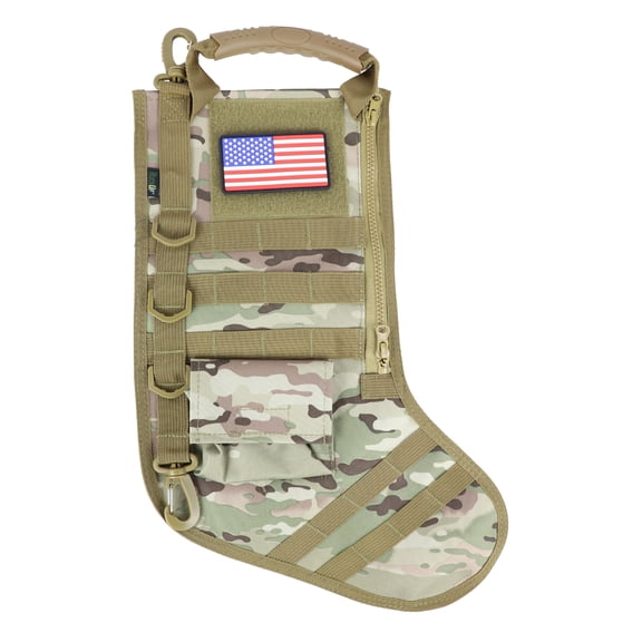 Osage River Gear Tactical Christmas Stocking with Handle, USA Patch, MOLLE Webbing, Zip Pocket, Christmas Stocking Gift for Firefighter Army Police Veteran, Multicam