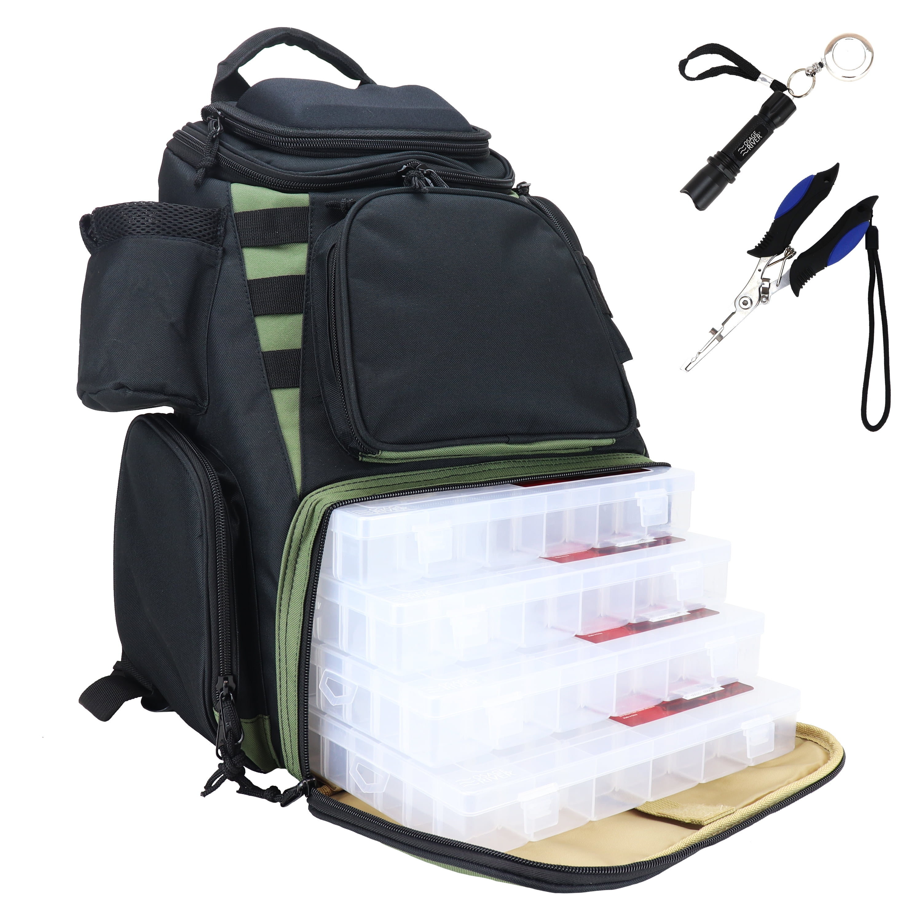 Osage River Ultimate Fishing Backpack, Night Fishing Light, Waterproof Rain  Cover, Medium Bag with Tackle Boxes Included 