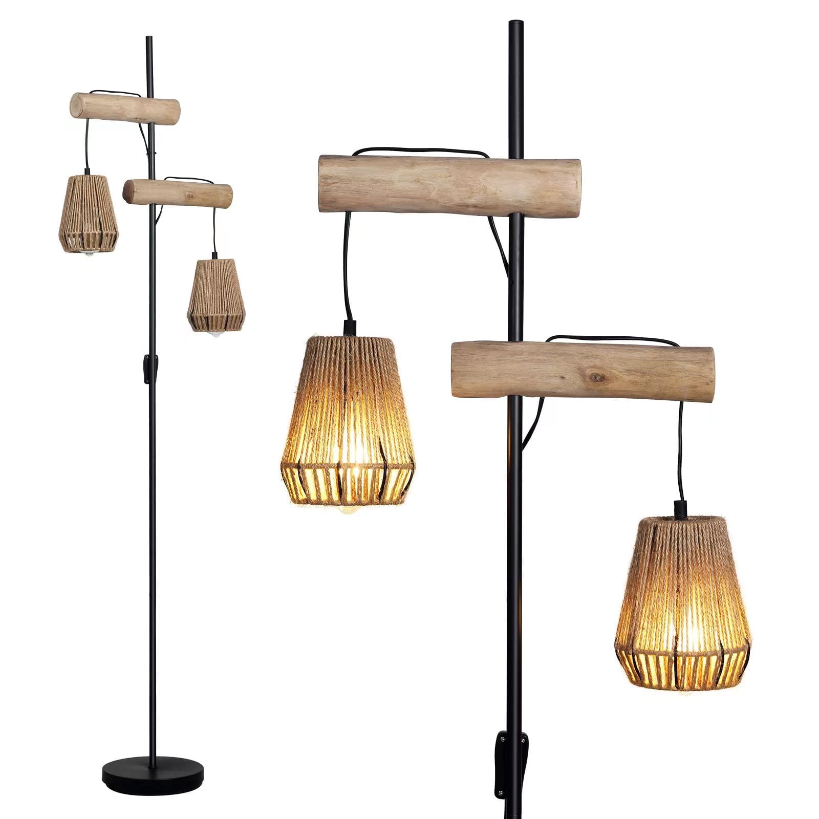 68" Black Metal and Rattan Farmhouse Floor Lamp with Alexa