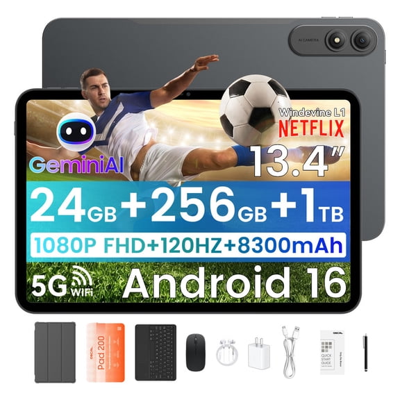 Blackview OSCAL 2026 13.4" AI Tablet, Android 16, 24GB RAM 256GB ROM, 1TB Expand, T7280 Octa-Core CPU, 8+16MP Camera, 8300mAh, 5G Wifi, Gemini Al Tablet with Keyboard & Mouse, Black