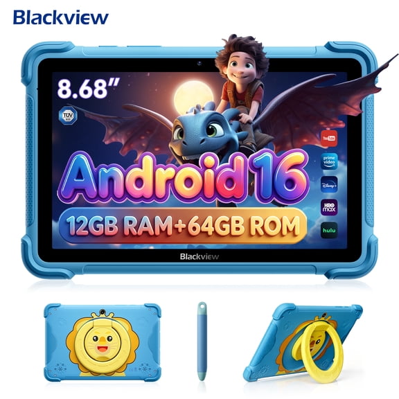 Blackview Link 1 Kids, Android 16 AI Children Tablet, 12GB+64GB(2TB External), 3 AI Smart Assistance, 8.68'' HD+ Screen, 5MP+8MP Camera, Google Kids Space+Parental Control, Dual BOX Speakers Purple
