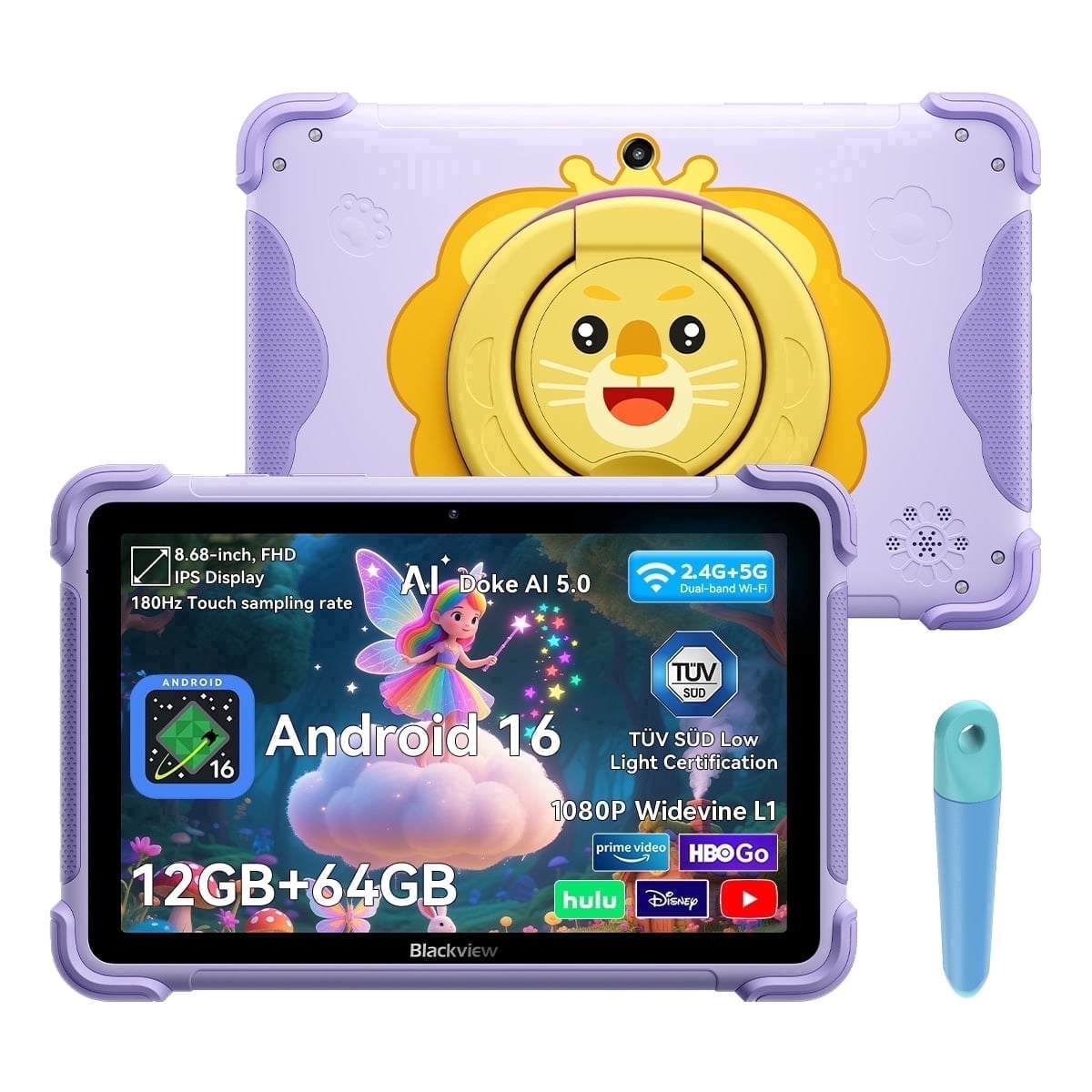 Blackview Link 1 Kids, Android 16 AI Children Tablet, 12GB+64GB(2TB External), 3 AI Smart Assistance, 8.68'' HD+ Screen, 5MP+8MP Camera, Google Kids Space+Parental Control, Dual BOX Speakers Purple