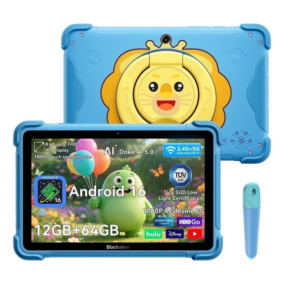 Blackview Link 1 Kids, Android 16 AI Children Tablet, 12GB+64GB(2TB External), 3 AI Smart Assistance, 8.68'' HD+ Screen, 5MP+8MP Camera, Google Kids Space+Parental Control, Dual BOX Speakers Blue