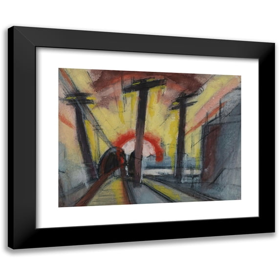 Oscar Bluemner 24x19 Black Modern Framed Museum Art Print Titled - Railroad Tracks (Cityscape with Sun) (1927)