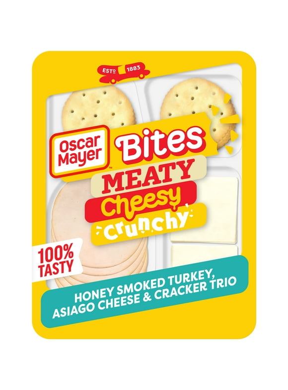 Oscar Mayer Bites Honey Smoked Turkey, Asiago Cheese & Cracker Trio Meat & Cheese Snack Plate, 3.3 oz Tray