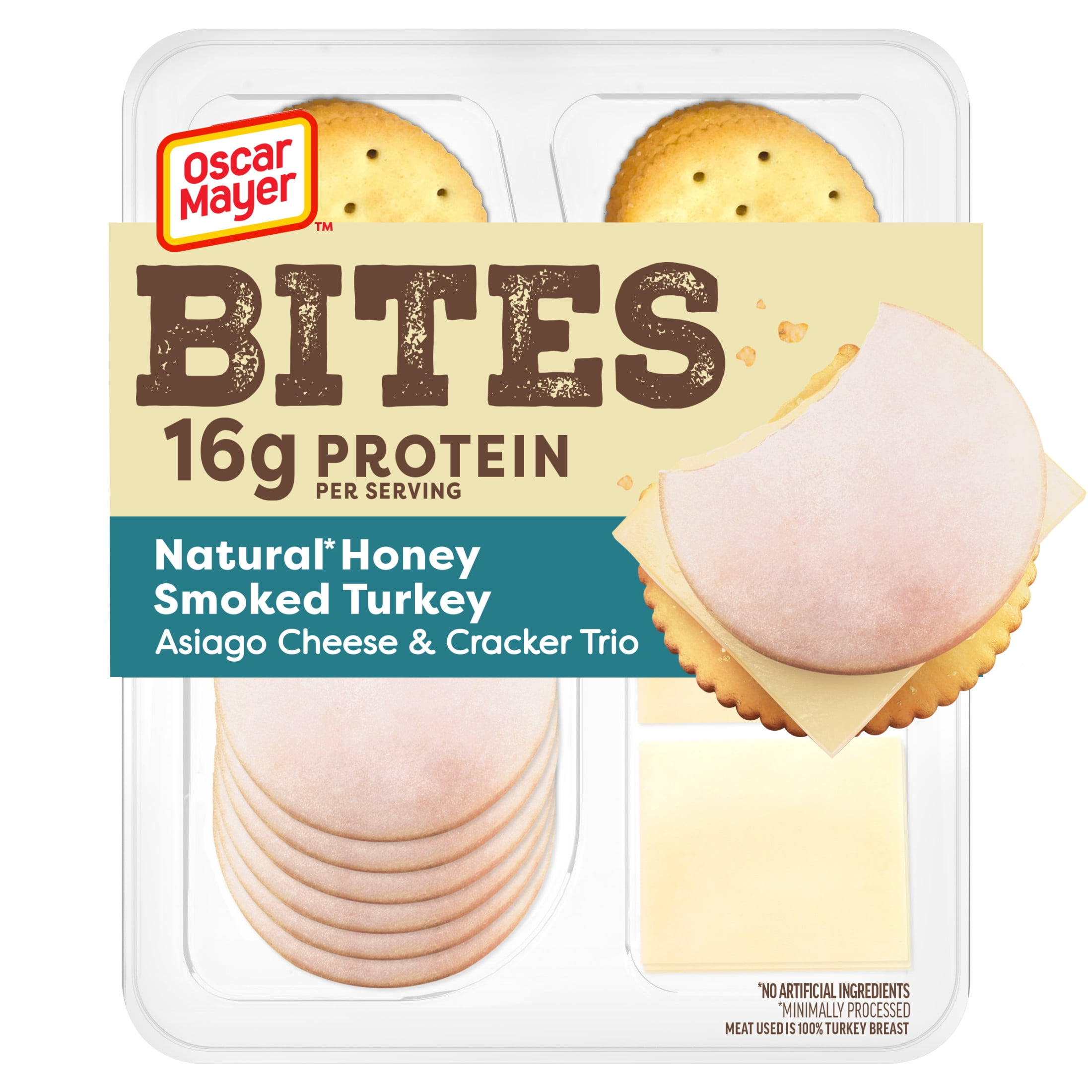 Oscar Mayer Bites Natural Honey Smoked Turkey, Asiago Cheese & Cracker Trio Lunch Kit, 1 Tray, for Easy Lunch and On-the-Go Snacking, 16g Protein Snacks, 3.3 oz