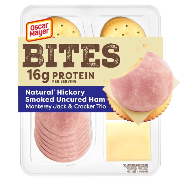 Oscar Mayer Bites Natural Hickory Smoked Uncured Ham, Monterey Jack & Cracker Trio Lunch Kit, 1 Tray, for Easy Lunch and On-the-Go Snacking, 16g Protein Snacks, 3.3 oz