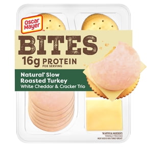 Oscar Mayer Bites Natural Slow-Roasted Turkey, White Cheddar & Cracker Trio Lunch Kit, 1 Tray, for Easy Lunch and On-the-Go Snacking, 16g Protein Snacks, 3.3 oz