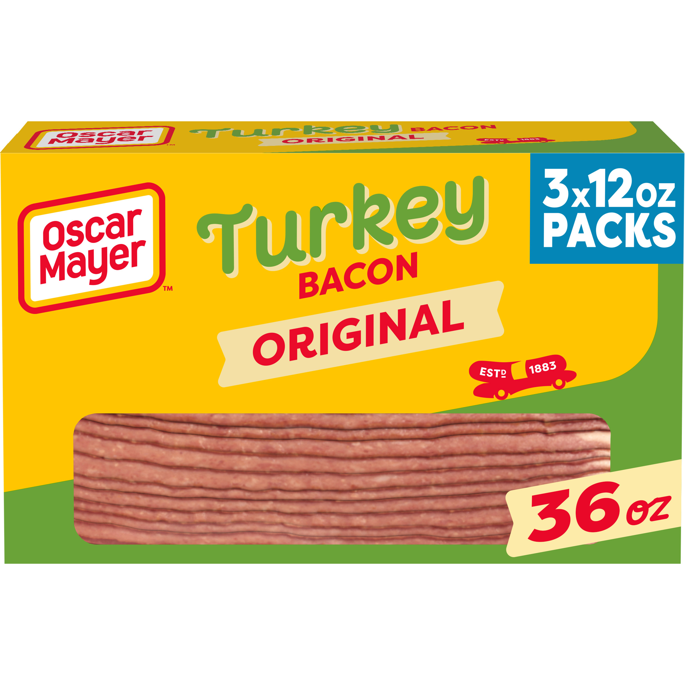 Oscar Mayer Fully Cooked & Gluten Free Turkey Bacon with 62% Less Fat & 57% Less Sodium, 3 ct Box, 12 oz Packs, 53-55 total slices - image 1 of 15
