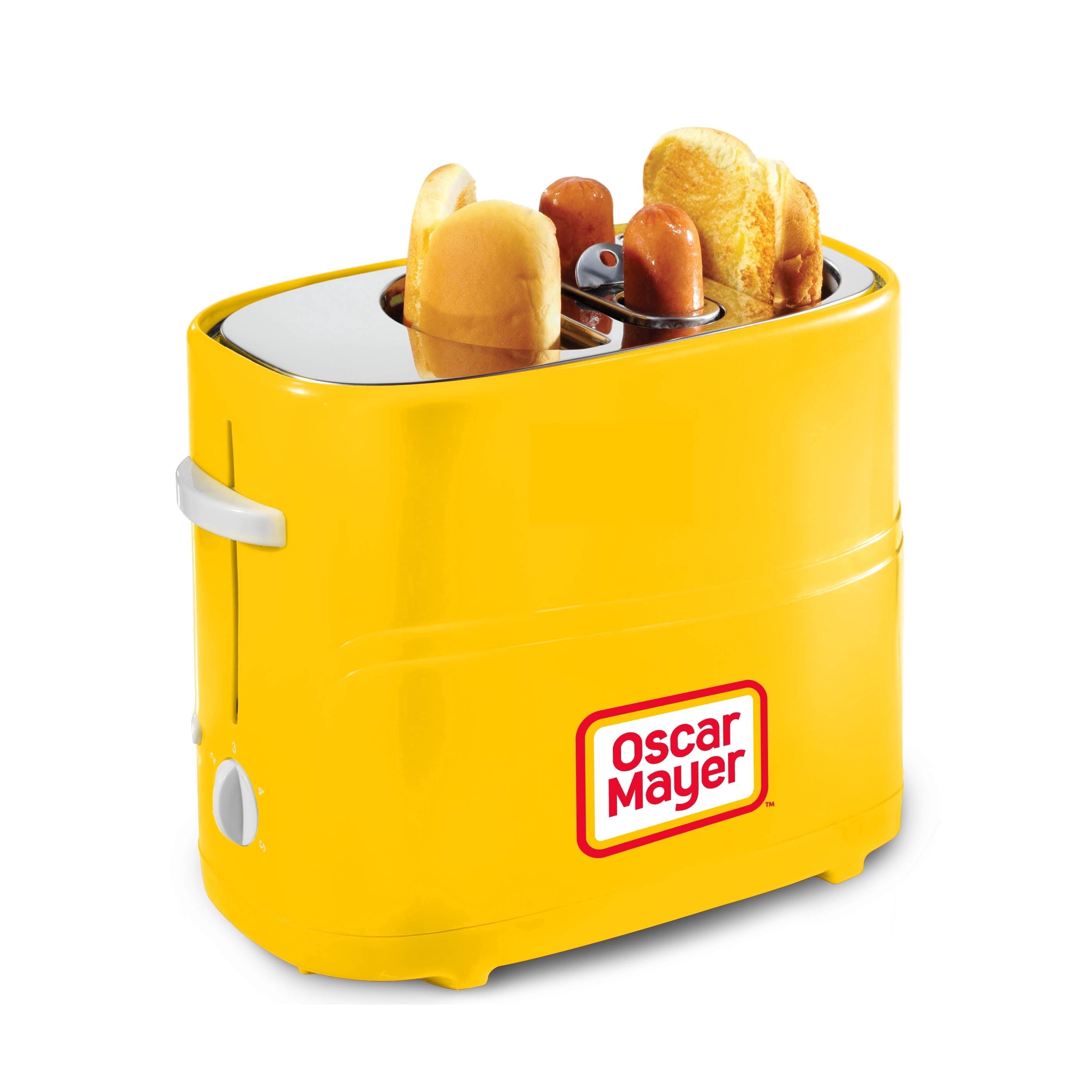 Nostalgia 2-Slot Oscar Mayer Bun and Hot Dog Toaster with Removable Hot Dog Cage and Mini Tongs, Yellow