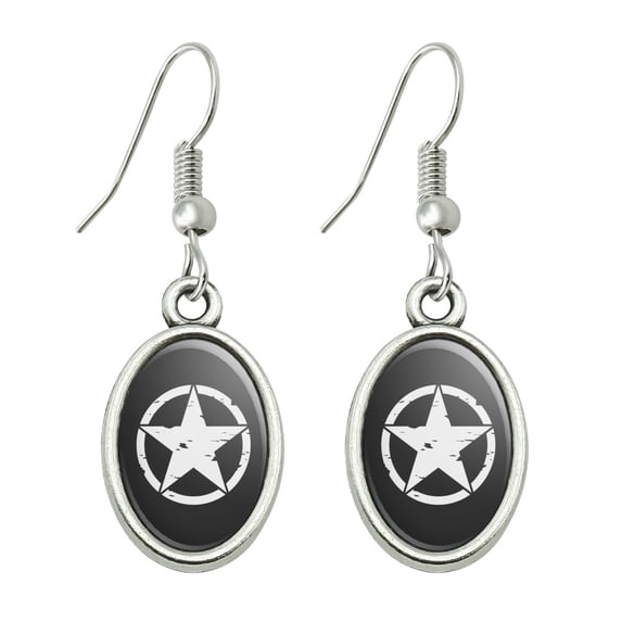 Oscar Mike On Mission Move Vintage Military Star Novelty Dangling Drop Oval Charm Earrings