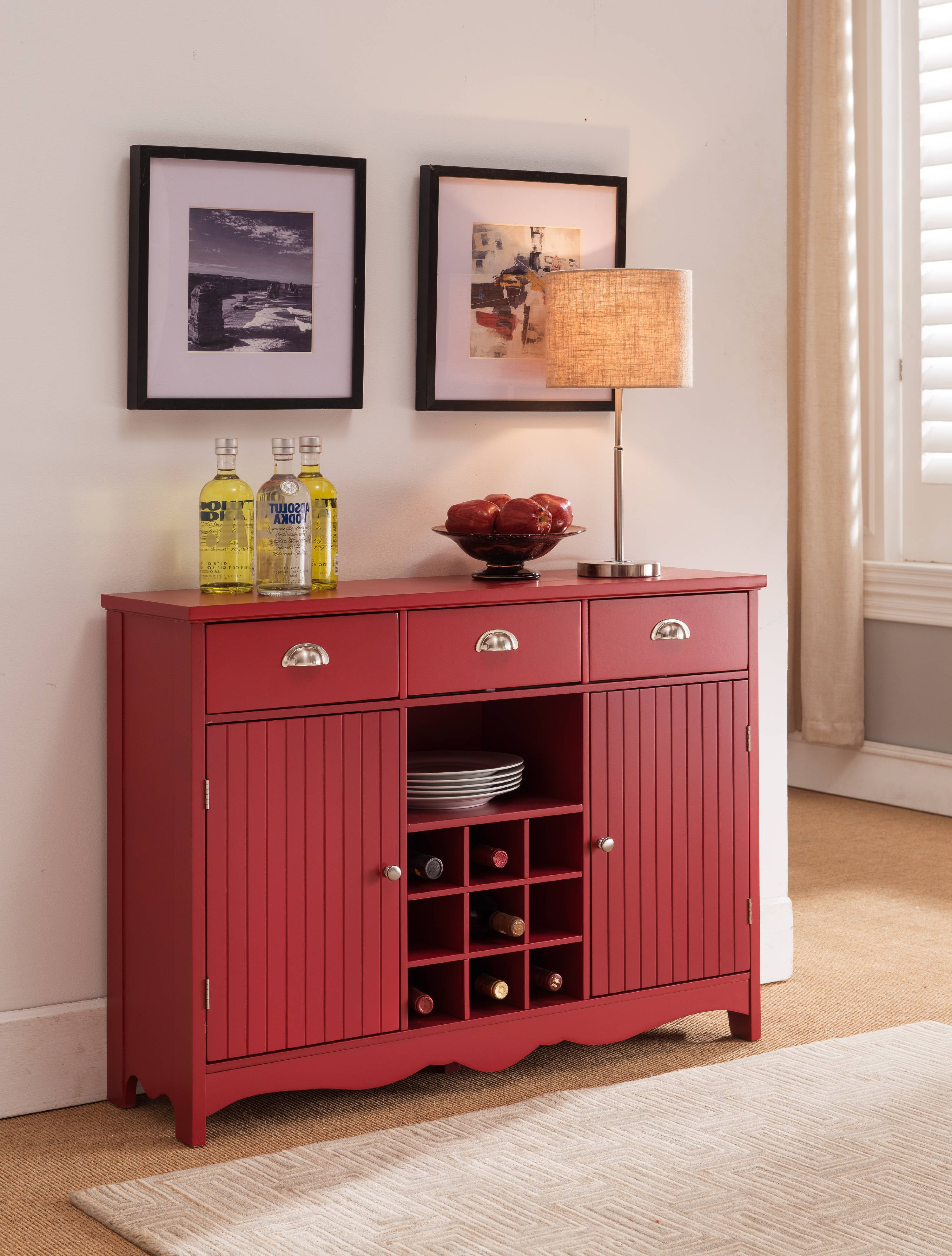 Oscar Red Wood Contemporary Wine Rack Sideboard Buffet Display Console Table With Storage Drawers Cabinet Doors Shelf