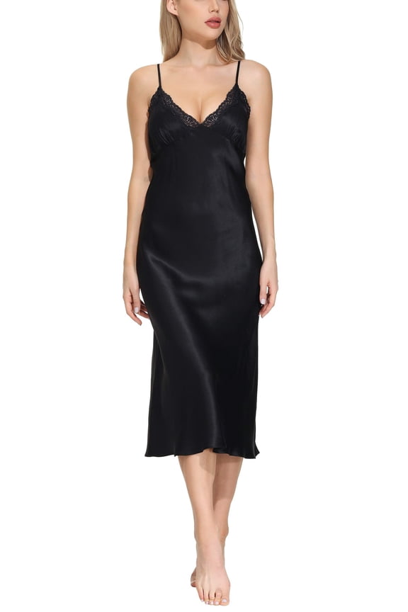 Women's Long Silk Nightgown 100% Silk Full Slip Chemise with Charming Lace