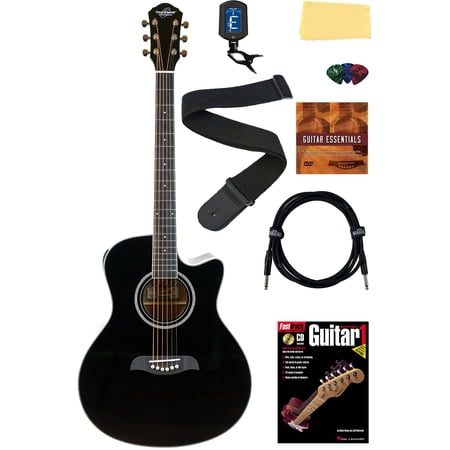 Oscar Schmidt OA10CE Mini Auditorium Cutaway Acoustic-Electric Guitar - Black Bundle with Cable, Tuner, Strap, Picks, Instructional Book, DVD, and Austin Bazaar Polishing Cloth