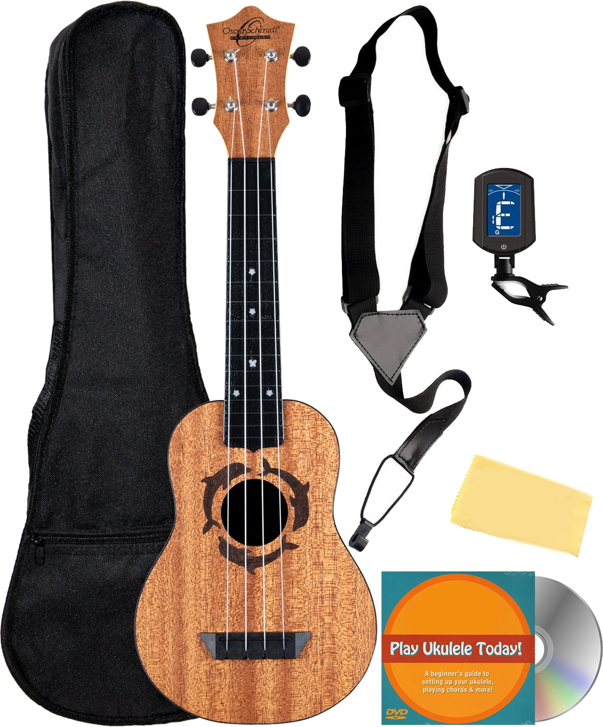 Oscar Schmidt OUN Soprano Ukulele - Dolphin Bundle with Gig Bag, Strap, Tuner, Strings, Online Lessons, Austin Bazaar Instructional DVD, and Polishing Cloth