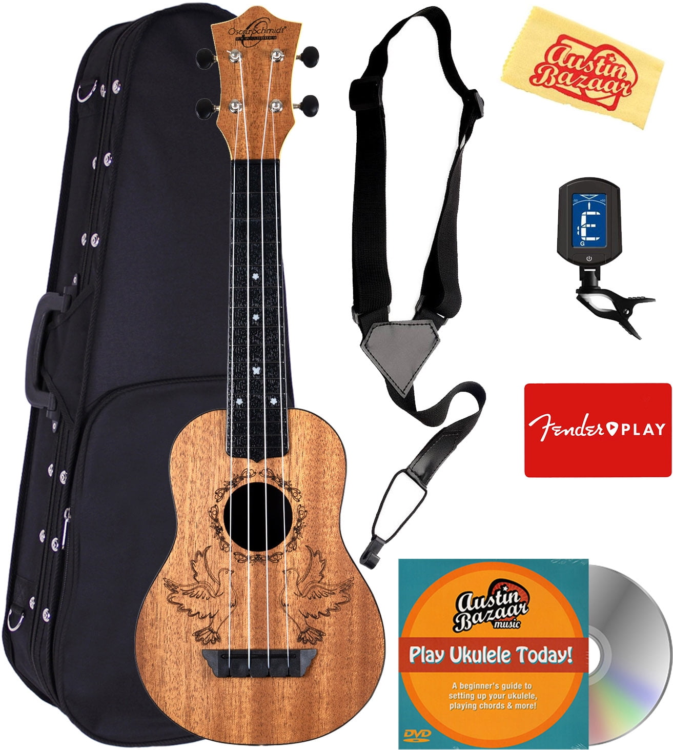 Oscar Schmidt OUN Soprano Ukulele - Dove Bundle with Hard Case, Strap, Tuner, Strings, Online Lessons, Austin Bazaar Instructional DVD, and Polishing Cloth