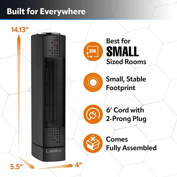 Oscillating Ceramic Slim Tower Desktop Space for Home with Thermostat and 2 Speeds, 14 Inches, Black, 1500W, CT14101