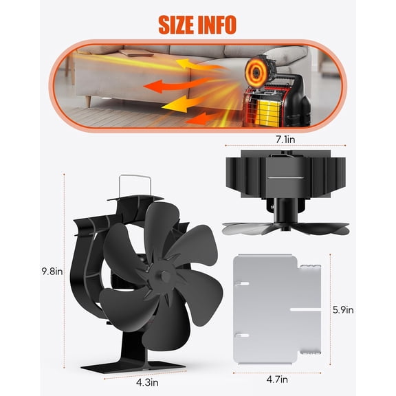 Oscillating  Fan, Heat Powered 6 Blade Wood Stove Fan with  Top Tray Auto-Spin & 60° Rotation for Camping, Big Size Fireplace Burner Thermal Air Circulation