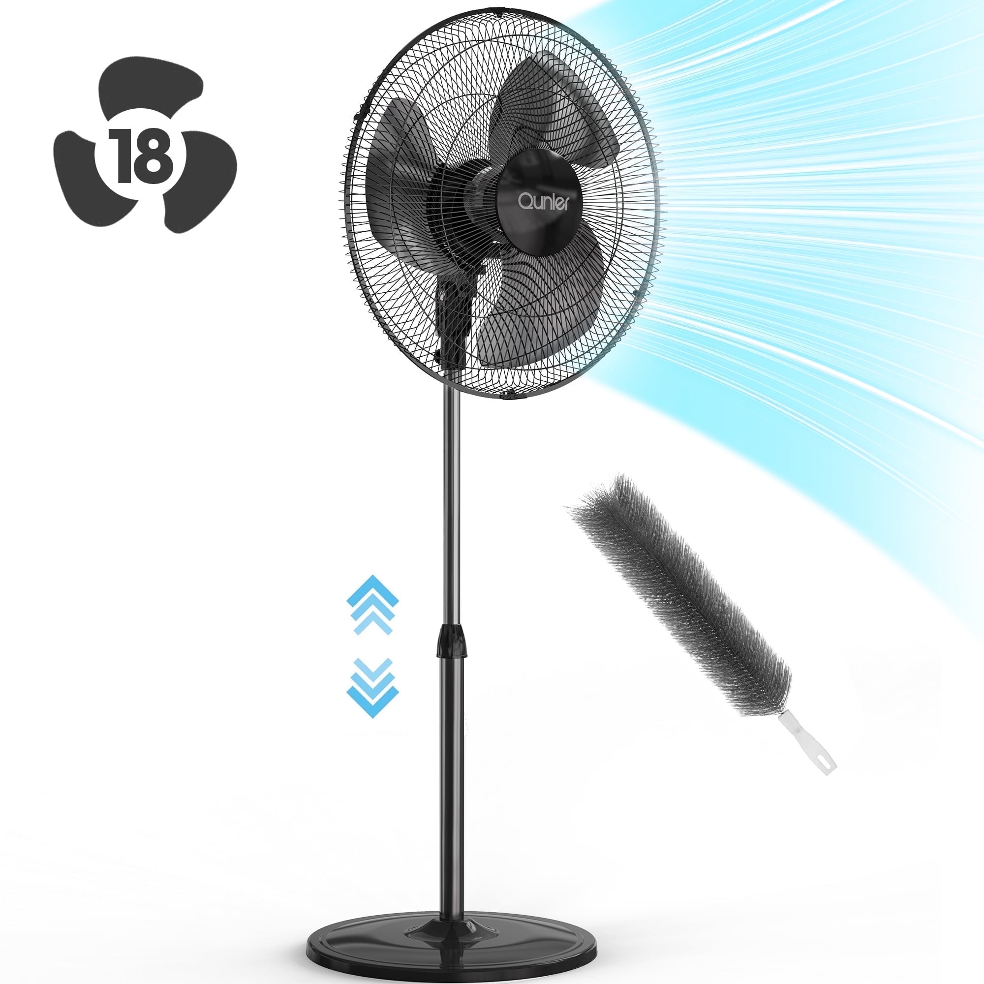 Qunler 18" Oscillating Standing Pedestal Fan, 3-Speed Adjustable Height & Tilt Quiet Electric Stand up Fan for Office Bedroom Home, Black