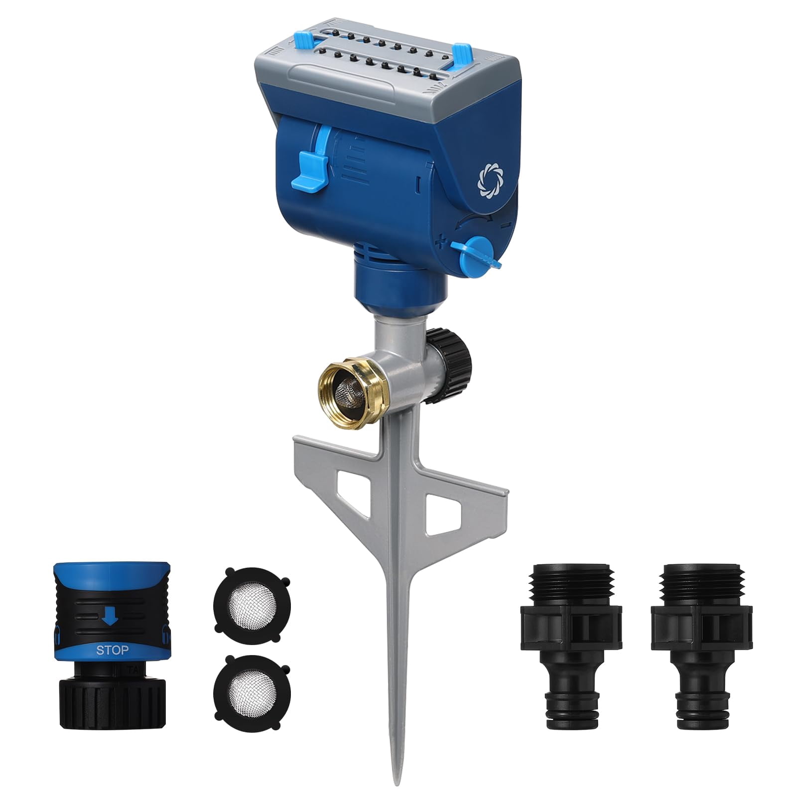 Oscillating Sprinkler With Metal Step Spike And Quick Connect Adapter Set  Control Watering Range Width Flow Rate Covers Up To 4 069 Sq.ft. Blue