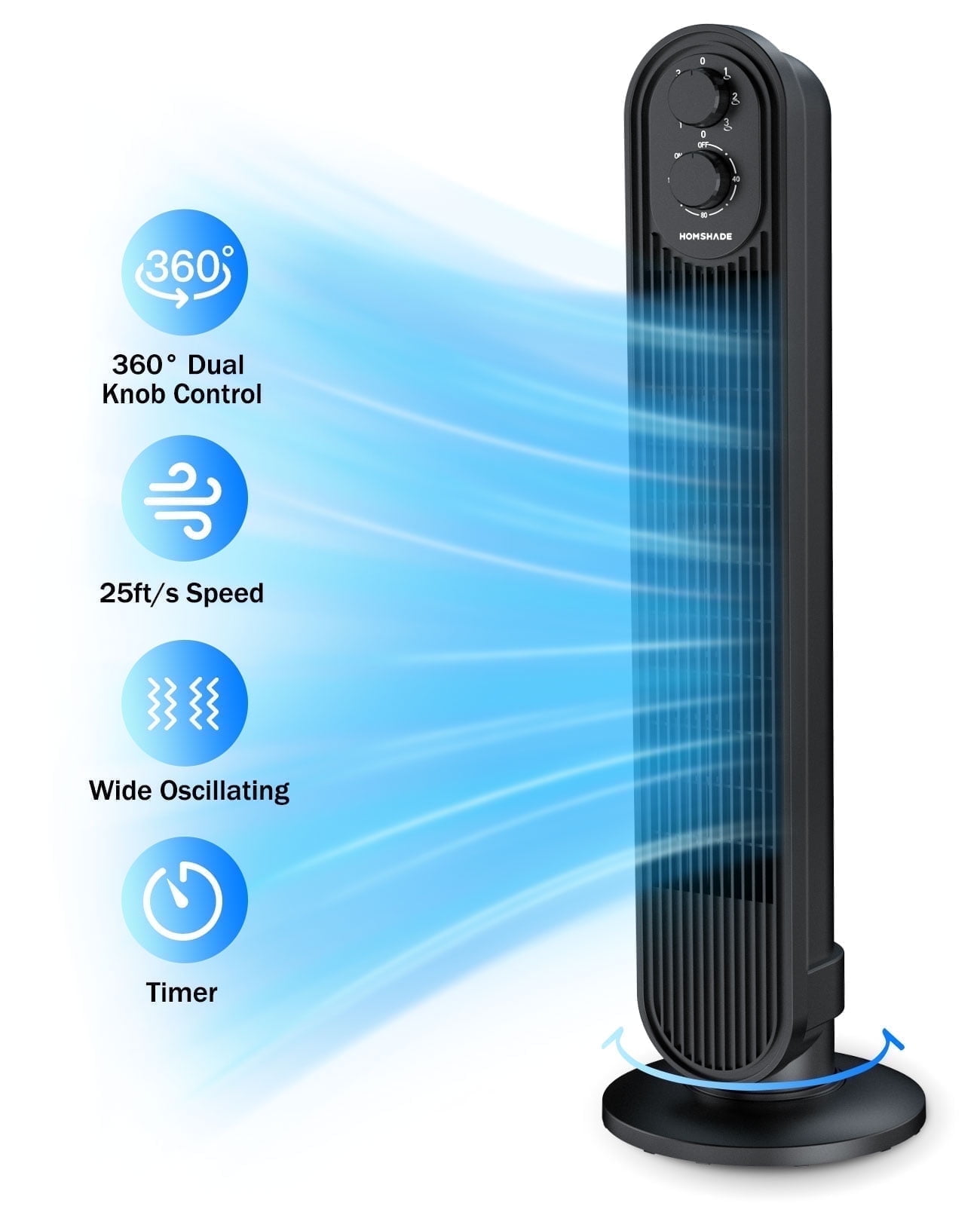 Tower Fan,31" Oscillating Standing Fan for Home,HOMSHADE Floor Fan with 360 Dual Knob Control ,3 Speed,Timer Bladeless Fan for Bedroom Office,Black