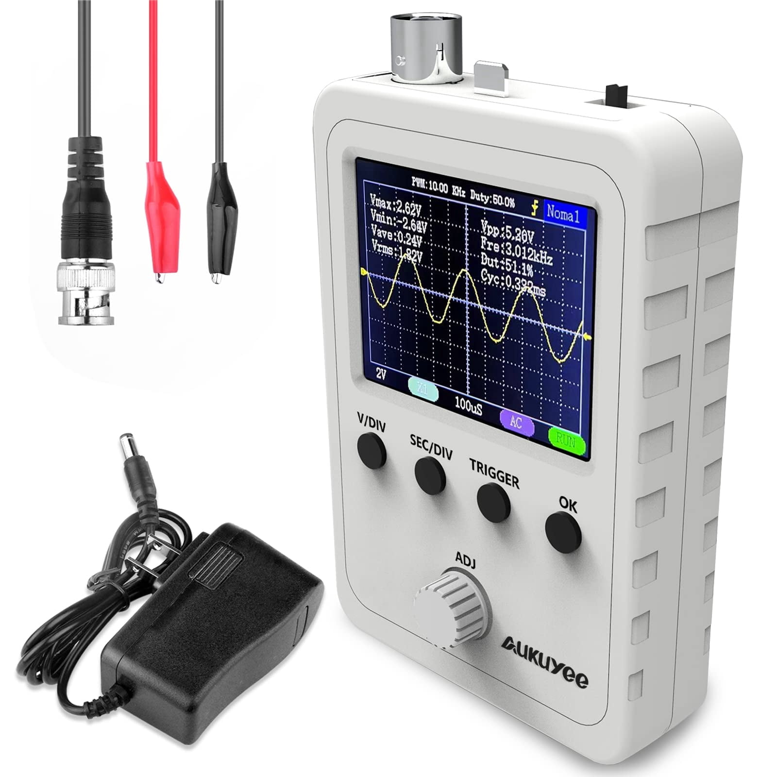 Aukuyee 2.4" TFT Handheld Oscilloscope, Mini Digital Portable Multimeter Audio Scope Tester Kit with BNC Clip Probe, Power Supply