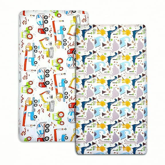 Oscscso Toddler Sheets, 2 Packs 100% Cotton Crib Sheets, Bed Fitted Sheet Set for Kids, 28"×52" for Boys and Girls, Car and Dinosaur