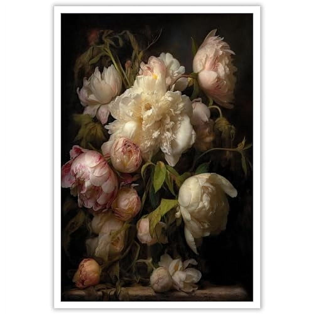 Tableau Fleurs Pivoine Vintage - Peinture à L'Huile Sur Toile 40.6x61 Cm - Décoration Murale Cottagecore, Dark Academia - 2