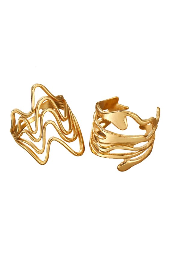 2PCS Unique Rings Fashion Rings Set Irregular Lava Shape Opening Rings Stainless Steel Texture Present for Men and Women