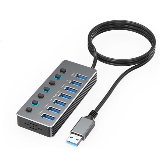 Osdhezcn 7Port Aluminum USB Hubs with Independent Switches and LED Indicators for Fast Speed USB3.0 and USB 2.0 Data Transfer